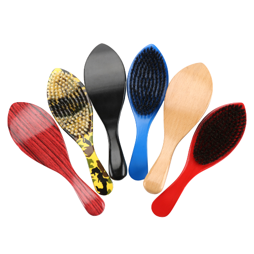 Six hairbrushes with different colors and bristle types arranged in a fan shape, perfect for styling needs. Trusted by the best barber in Bartow.