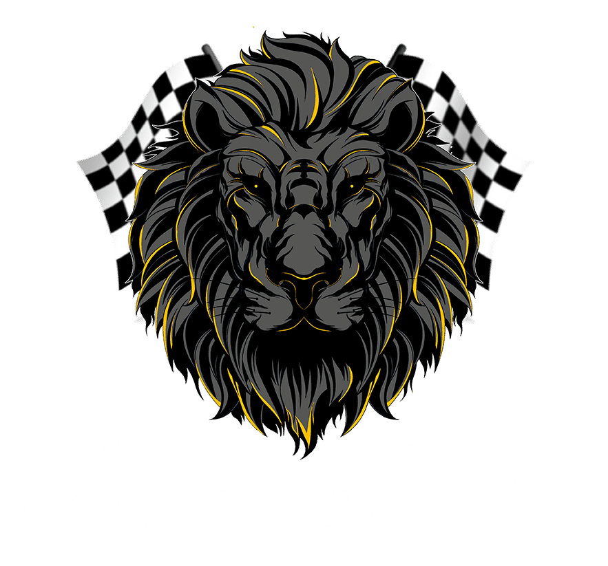 Illustration of a lion's head with two checkered racing flags in the background and the word "Marathon" written below in cursive text, reminiscent of a vintage barber shop sign in Bartow.