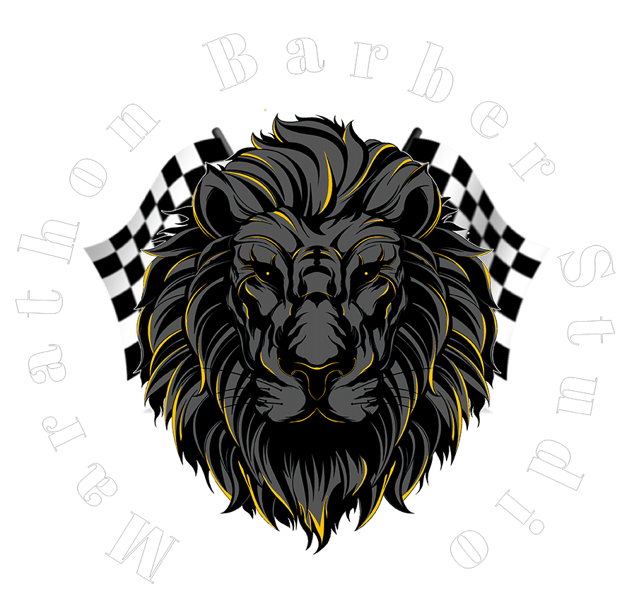 A lion's head logo for Marathon Barber Studio in Bartow, featuring two crossed checkered flags in the background, surrounded by the studio's name in a circular arrangement.