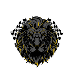 Illustration of a lion's head with flowing mane and black and yellow outlines, set against a background of black and white checkered flags, reminiscent of the pride you feel after visiting a skilled barber in Bartow.