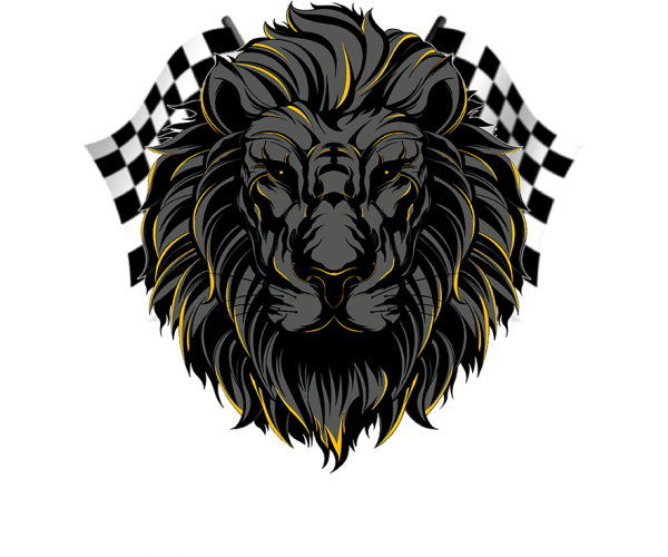 Illustration of a lion's head with two checkered racing flags in the background and the word "Marathon" written below in cursive text, reminiscent of a vintage barber shop sign in Bartow.